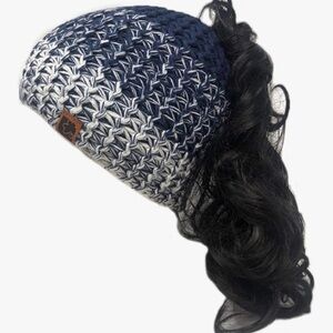 Navy and White Knit Ponytail Beanie